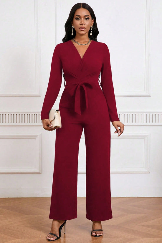 Simple And Stylish, Elegant Commuting Jumpsuit, Long Sleeve Straight Jumpsuit, V-neck, Cross Pleated, Tie-up Casual Jumpsuit, For Everyday Wear.