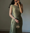 Pleated Ribbon Evening Dress 2026 - Shiny Middle East Style Dress - DanaFashionstore