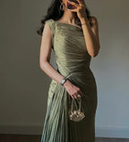 Pleated Ribbon Evening Dress 2026 - Shiny Middle East Style Dress - DanaFashionstore