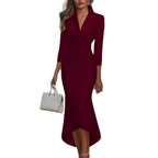 Elegant Solid-color Long-sleeve V-neck Satin Dress