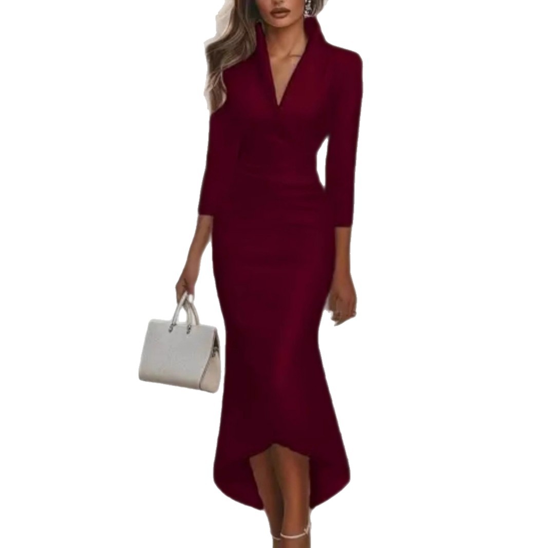 Elegant Solid-color Long-sleeve V-neck Satin Dress