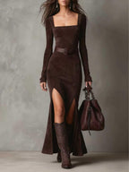Zipper Square-neck Slit Maxi Dress - DanaFashionstore