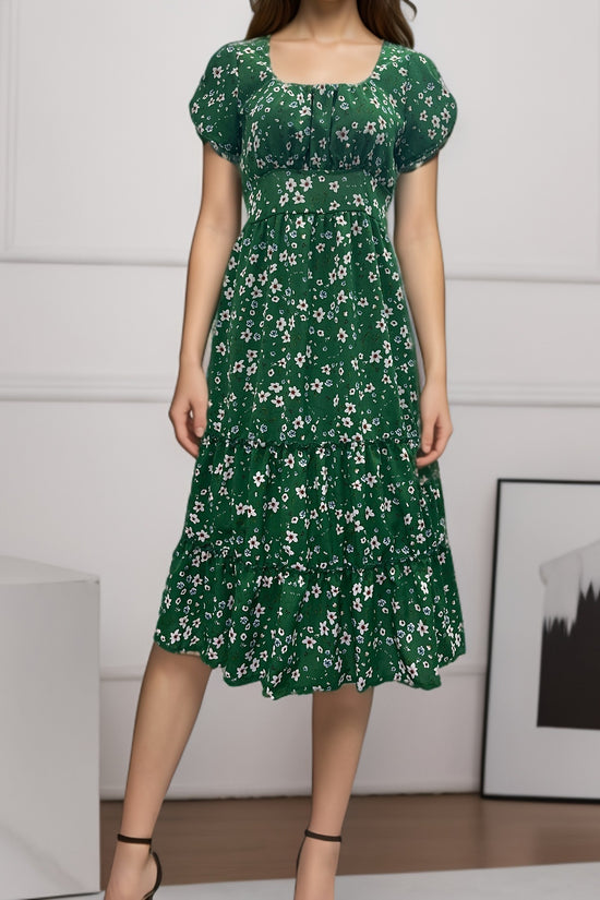 Square Collar Short Sleeve Dress Summer Puff Floral Printed Dress Long Dresses
