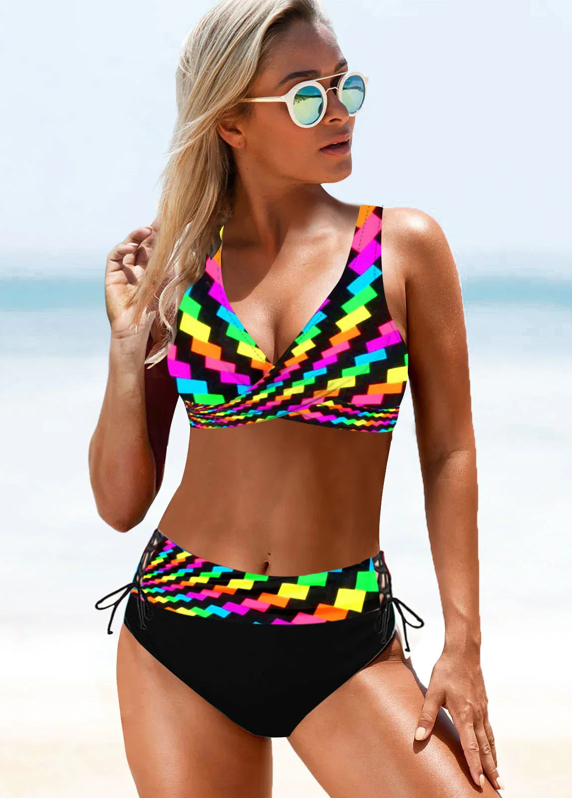 New Split Large High Waist Rainbow Striped Bikini Swimsuit - DanaFashionstore