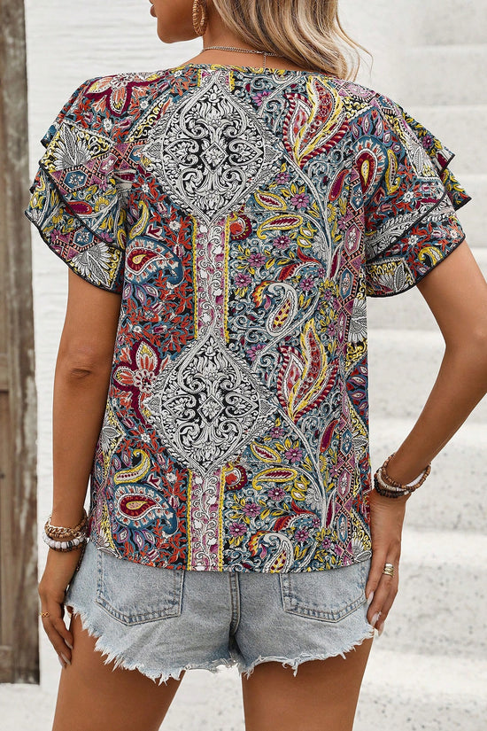 Women's Summer Hawaiian Style Ruffle Sleeve Paisley Print Casual Shirt