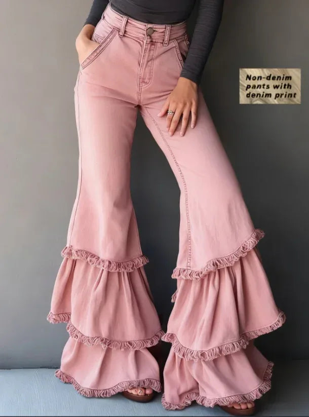 Denim-like Printed Multi-layer Ruffled Flared Pants - DanaFashionstore