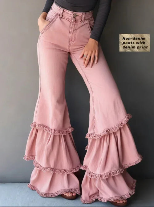 Denim-like Printed Multi-layer Ruffled Flared Pants - DanaFashionstore