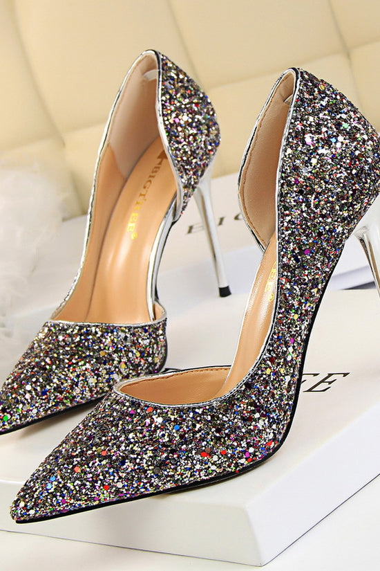 Skinny Women's Shoes Stiletto Heel Shallow Mouth Pointed Side Hollow-out Sequin