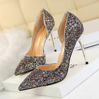 Skinny Women's Shoes Stiletto Heel Shallow Mouth Pointed Side Hollow-out Sequin - DanaFashionstore