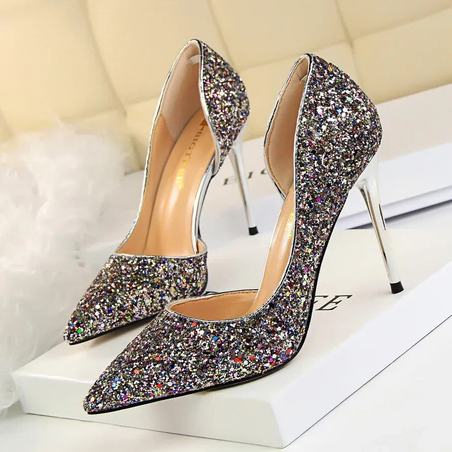 Skinny Women's Shoes Stiletto Heel Shallow Mouth Pointed Side Hollow-out Sequin - DanaFashionstore
