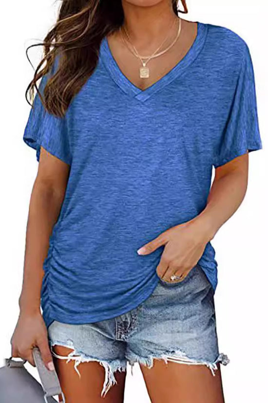 European And American T-shirt Solid Color Casual Loose-fitting V-neck Top