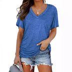 European And American T-shirt Solid Color Casual Loose-fitting V-neck Top - DanaFashionstore