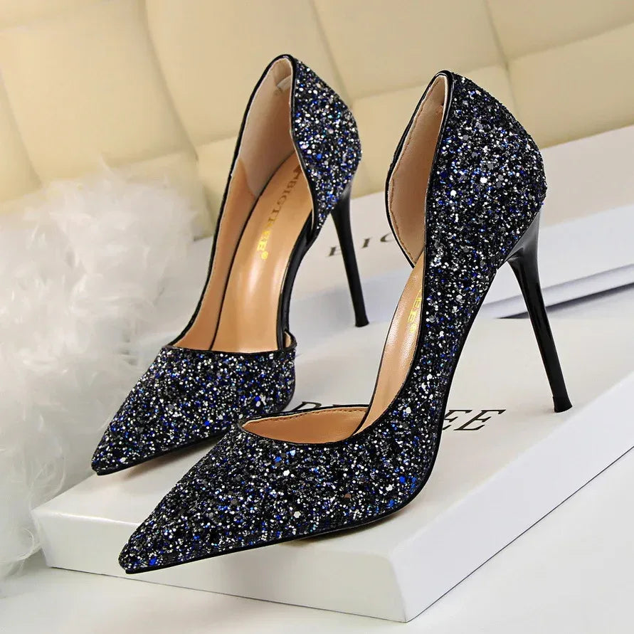 Skinny Women's Shoes Stiletto Heel Shallow Mouth Pointed Side Hollow-out Sequin - DanaFashionstore
