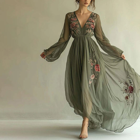 Women's Elegant V-Neck Green Floral Print A-Line Maxi Semi-Sheer Long Sleeve Spring&Summer Dress - Dana Fashion