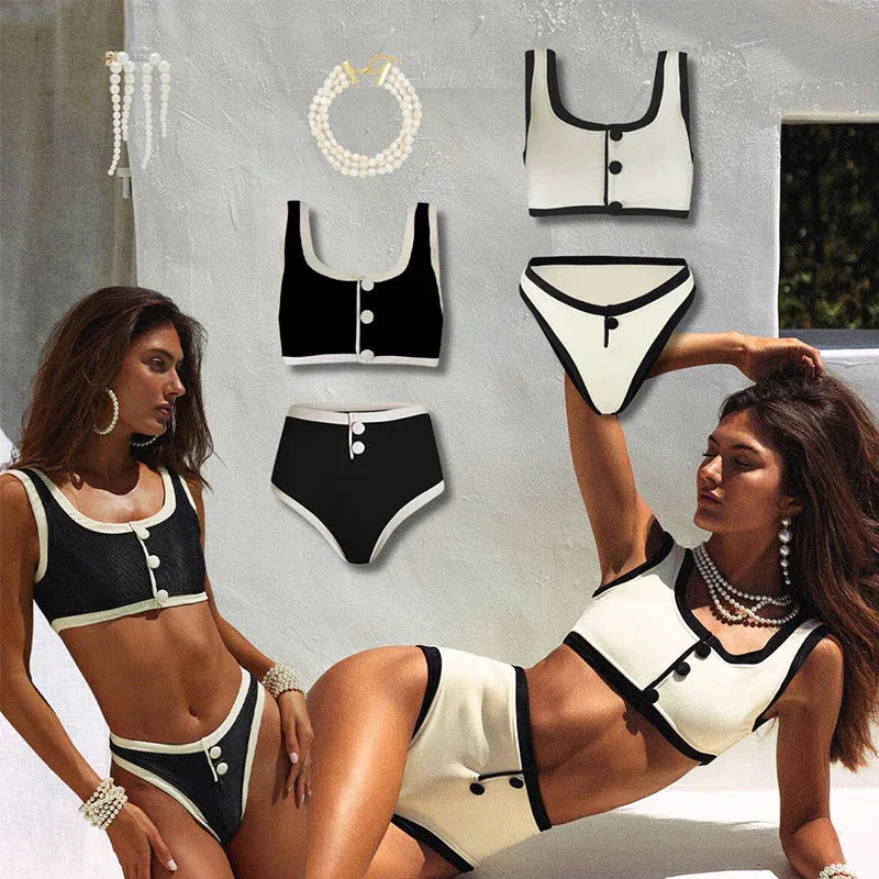 Sexy Black And White Color Matching High Waist Split Bikini Swimsuit - DanaFashionstore