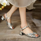 Thick Mid Heel Square Toe Open Toe Buckle Strap Peep Toe Sandals - DanaFashionstore