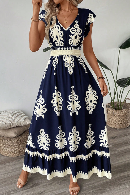 Trim Cap Sleeve Cinched Waist Ruffle Hem A-Line Dress