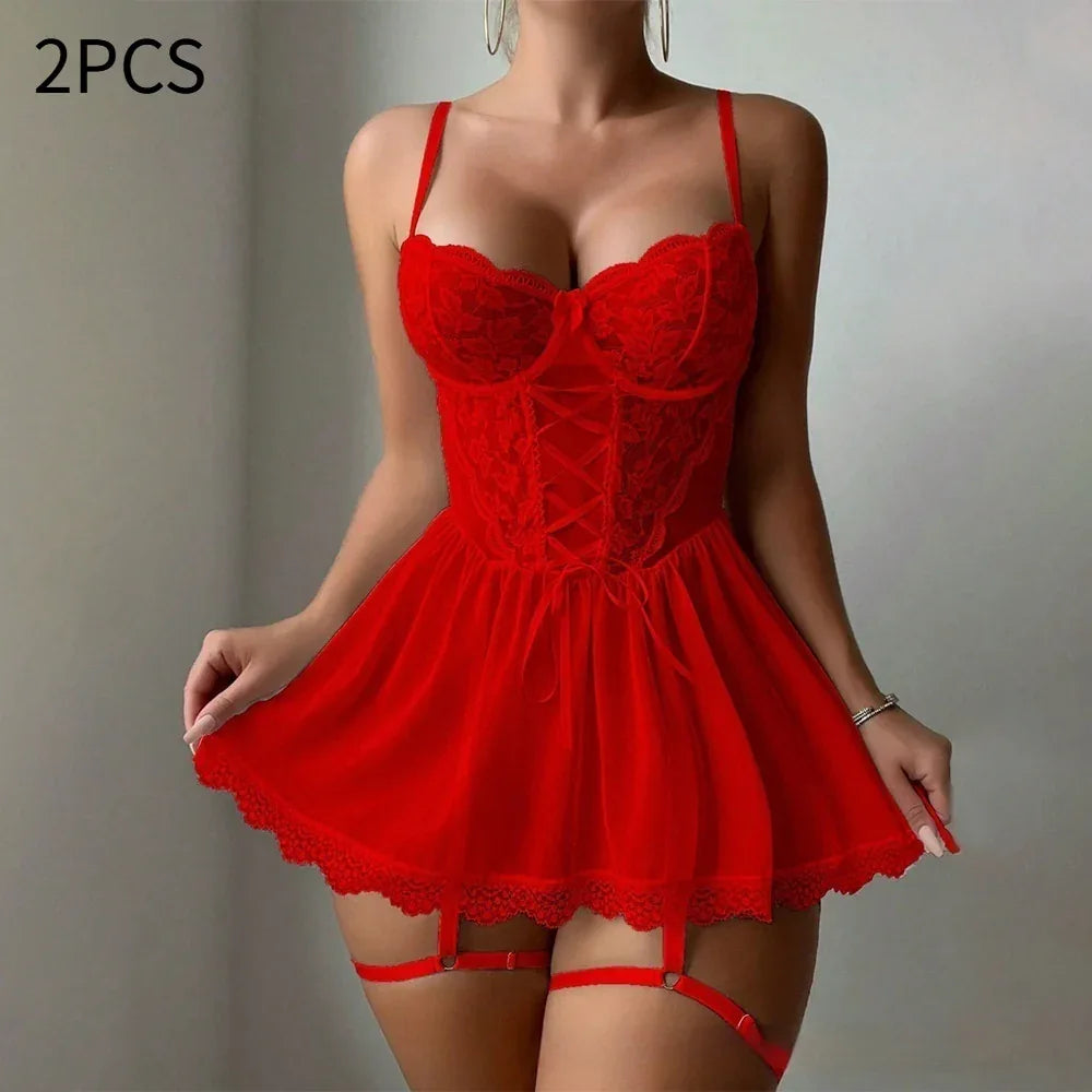 Lace Sheer Nightgown And Mesh Thong Set - DanaFashionstore