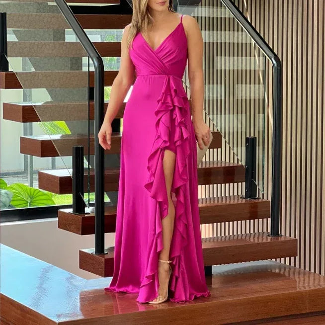 V-Neck High Waist Ruffle Dress 2026 - Irregular Slit Summer Dress - DanaFashionstore