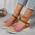 New Thick-soled Bow Sandals Summer Fashion Casual Linen Buckle Wedges Shoes For Women - DanaFashionstore