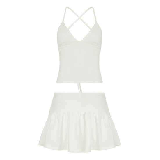 Solid Color And V-neck Hollow Out Strap Short Exercise Skirt Suit