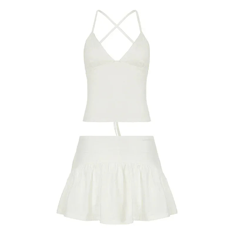 Solid Color And V-neck Hollow Out Strap Short Exercise Skirt Suit - DanaFashionstore