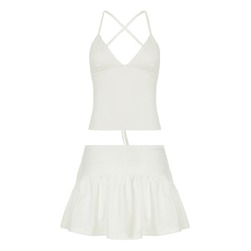 Solid Color And V-neck Hollow Out Strap Short Exercise Skirt Suit