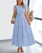 Fashion V-neck Pleated Puff Sleeve Layered Large Swing Dress