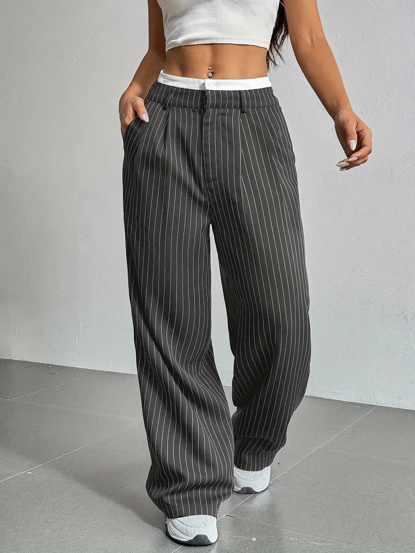 Stripe Printed Trousers Fashion High Waist Straight Leg Pants With Pocket Zipper Casual Suit Pants For Women - DanaFashionstore