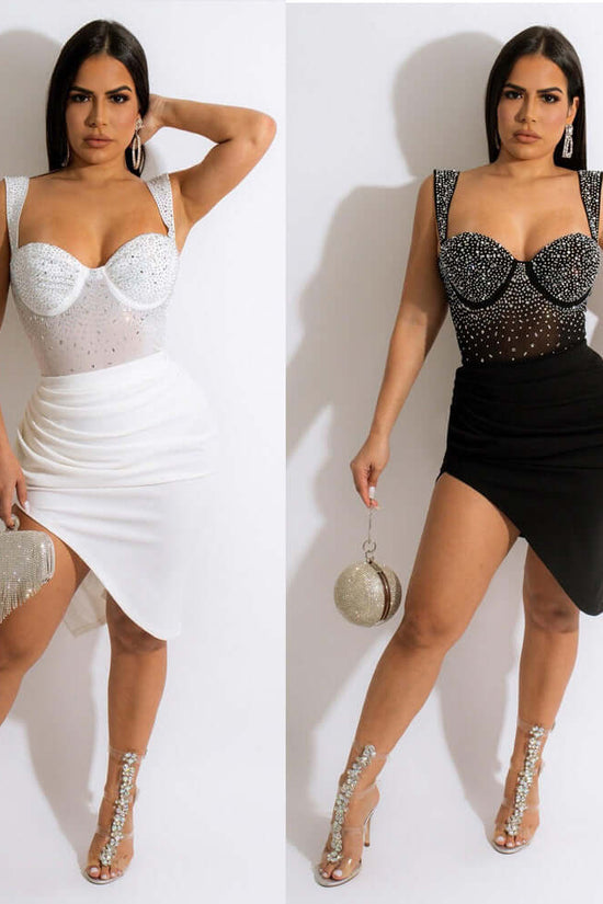 Rhinestone Sling Backless Two-piece Set Two Colors $51.78 Dana Fashion Color: Black Size: L Women's clothing Product information: Pattern: solid color Fabric name: South Korea mesh milk Silk Color: white, black Sleeve type: sleeveless Main fabric composit
