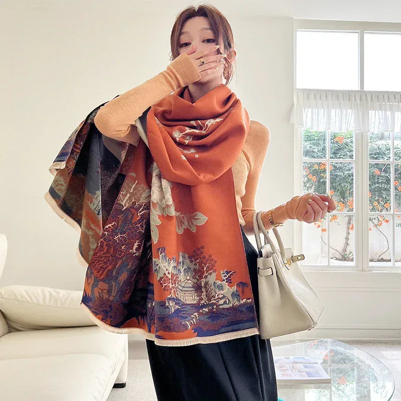 Vintage Plum Scarf Women's Artificial Cashmere Thickened Double-sided Student Shawl - DanaFashionstore