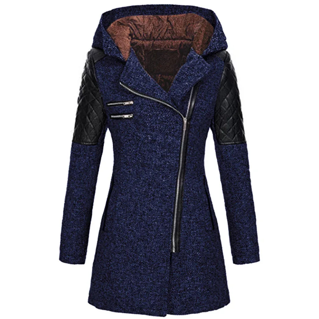 Women Warm Slim Full Zipper Coat Thick Woolen Coat Female Fall Winter Windbreaker Hooded Diagonal Zipper Women's Clothing - DanaFashionstore