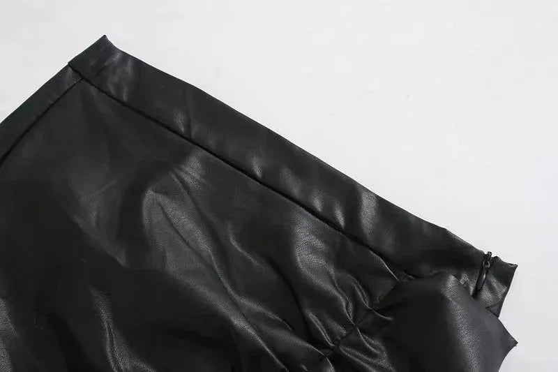 Women's Ruffle Trim Artificial Hip Leather Skirt - DanaFashionstore