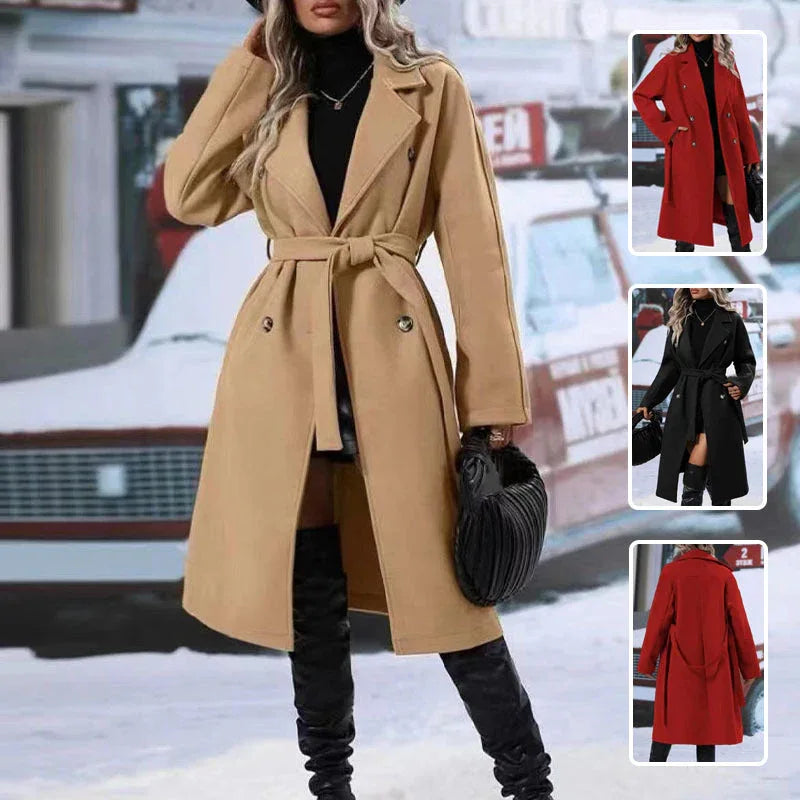 Lapel Double-breasted Trench Coat With Belt Winter Fashion Solid Color Long Jacket Outwear Women Clothing - DanaFashionstore