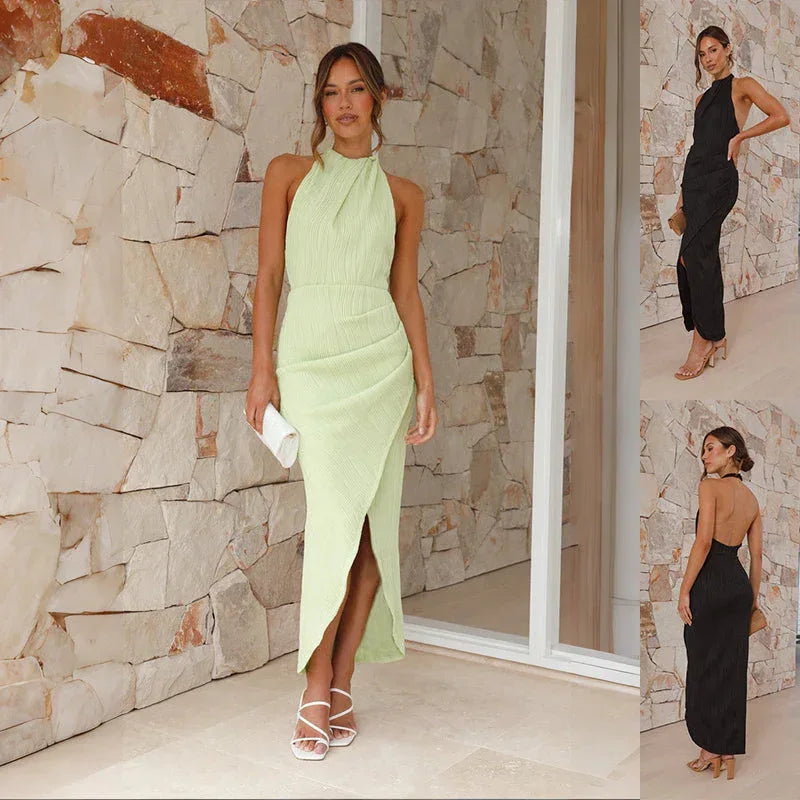 Ins Halter Split Long Dress Summer Slim Fit Backless Dresses Solid High-end Women's Clothing - DanaFashionstore