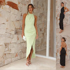 Ins Halter Split Long Dress Summer Slim Fit Backless Dresses Solid High-end Women's Clothing - DanaFashionstore