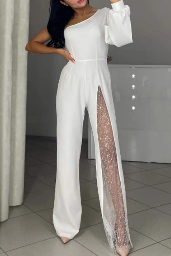 Fall Winter Fashion Sexy Oblique Shoulder High Slit Women's Jumpsuit