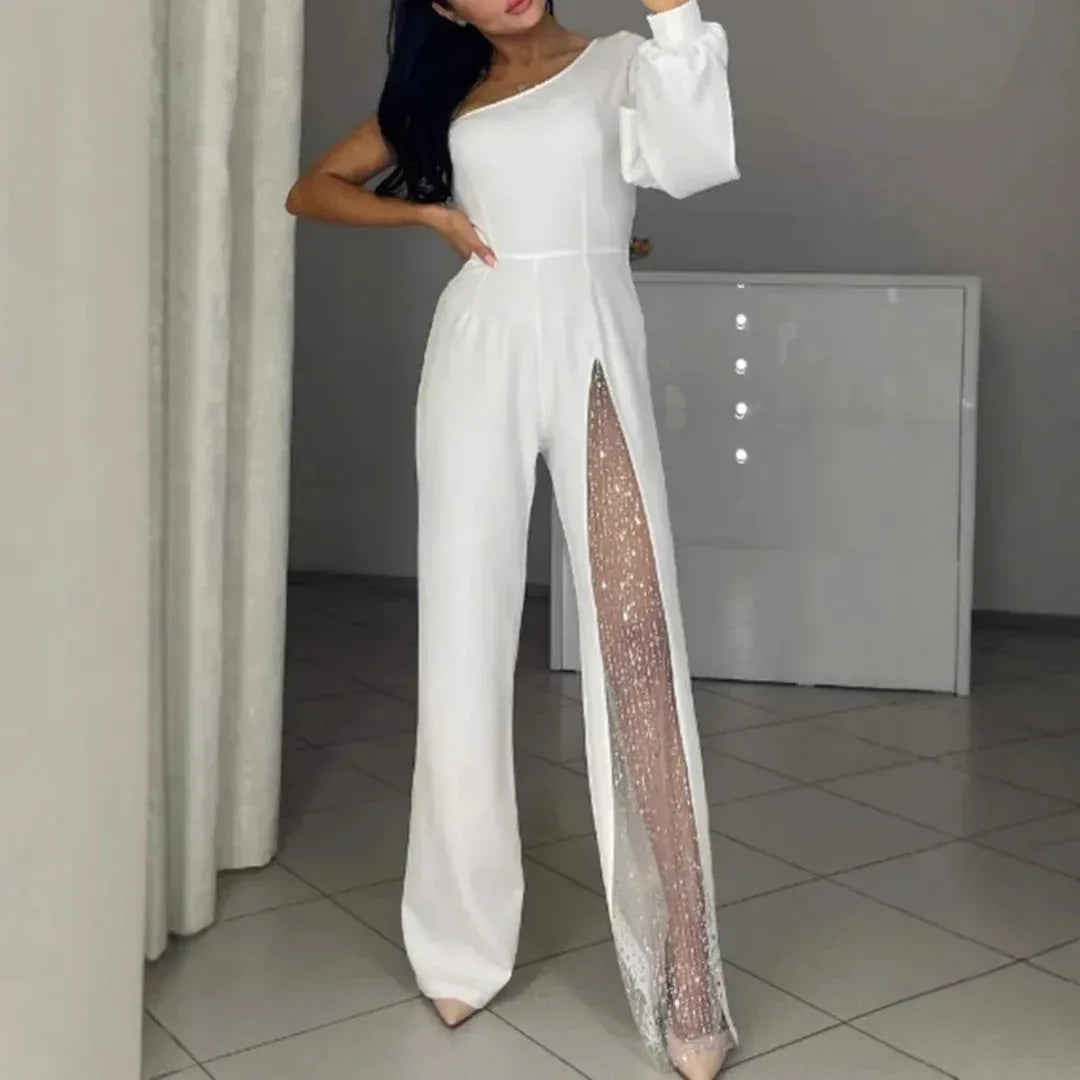 Oblique Shoulder High Slit Jumpsuit 2026 - Fall Winter Sexy Jumpsuit - DanaFashionstore