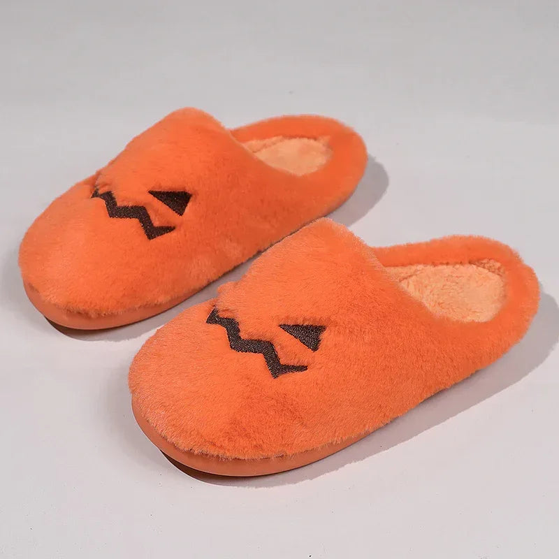 Cute Halloween Pumpkin Slippers Winter Warm Plush Bedroom Floor Home Slippers Casual Slip On Comfortable Cozy Indoor House Shoes - DanaFashionstore
