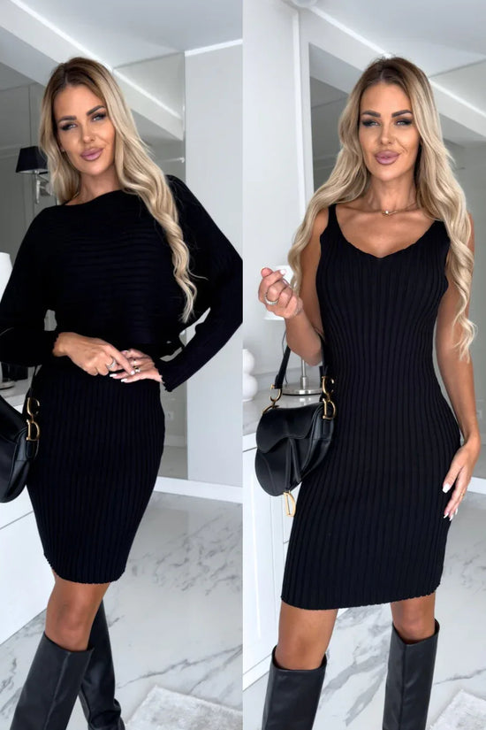 2pcs Suit Women's Solid Stripe Long-sleeved Top And Tight Suspender Skirt Fashion Autumn Winter Slim Clothing - DanaFashionstore