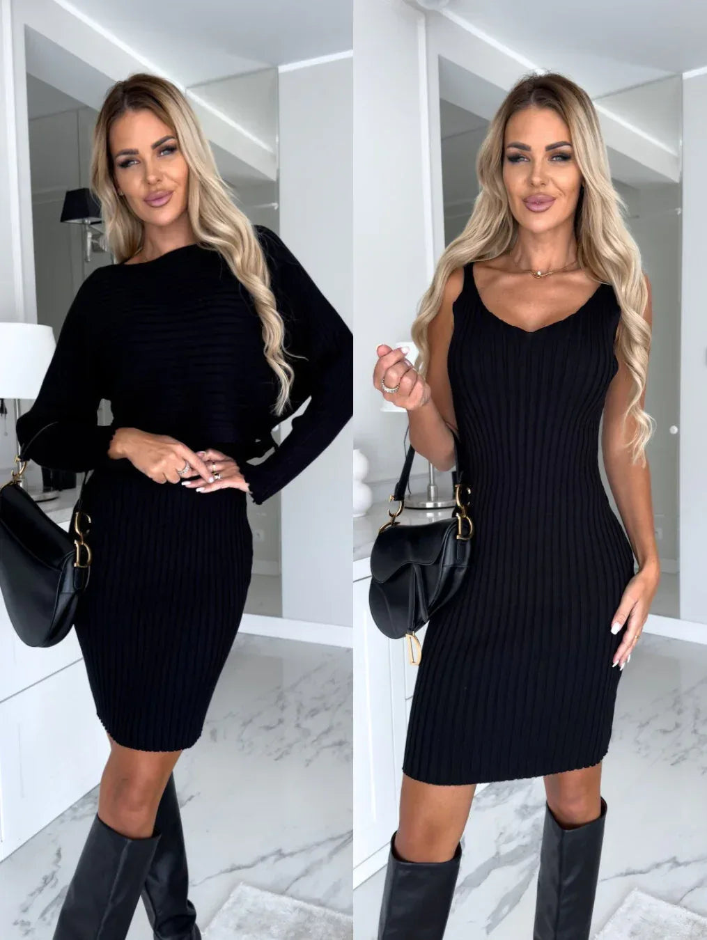 2pcs Suit Women's Solid Stripe Long-sleeved Top And Tight Suspender Skirt Fashion Autumn Winter Slim Clothing - DanaFashionstore