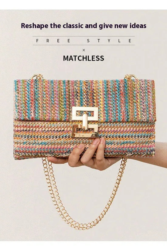 Bag Women's Vacation Style Multi-compartment Chain Flap Screw Lock Straw Bag - DanaFashionstore