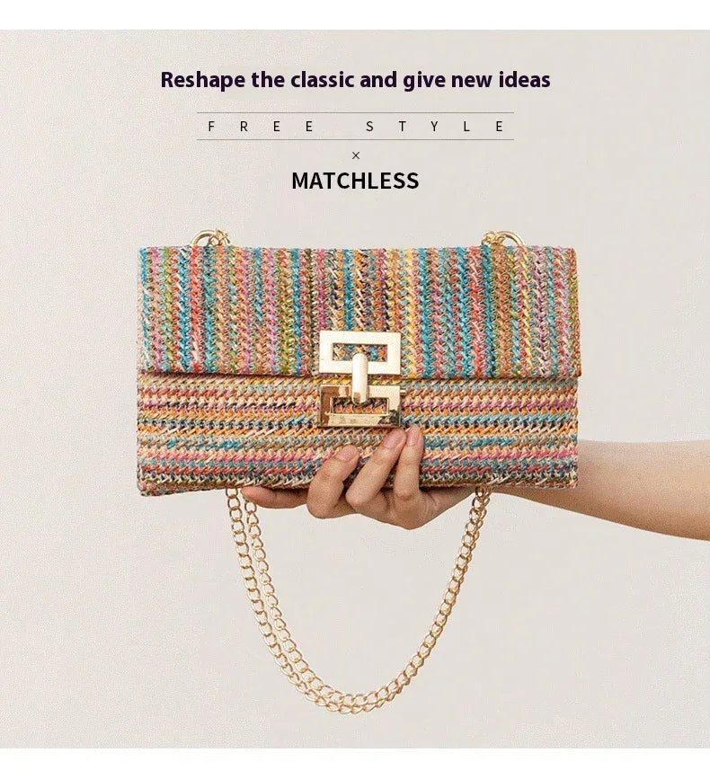Bag Women's Vacation Style Multi-compartment Chain Flap Screw Lock Straw Bag - DanaFashionstore