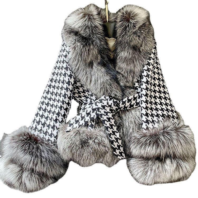 Fur Coat Women's Short Houndstooth Fur Collar Silver Fox Fur Jacket - DanaFashionstore