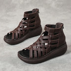 New Ethnic Style Retro Wedge Sandals Women's Casual Bag Heel Sandal Boots Cowhide Fish Mouth Sandals - DanaFashionstore