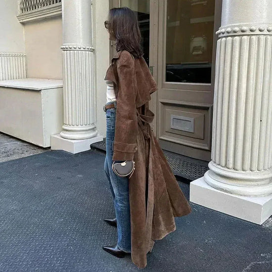 Double Breasted Lapel Shift Coat With Belt Fashion Vintage Suede Long Coat Winter Outwear Women's Clothing - DanaFashionstore