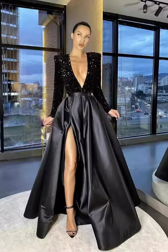 Women's Long Sleeve Sequin V-neck Sequins Evening Dress - DanaFashionstore