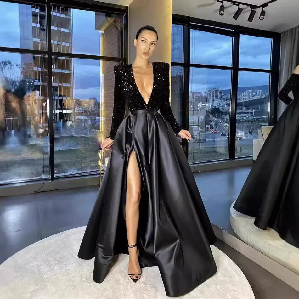 Women's Long Sleeve Sequin V-neck Sequins Evening Dress - DanaFashionstore