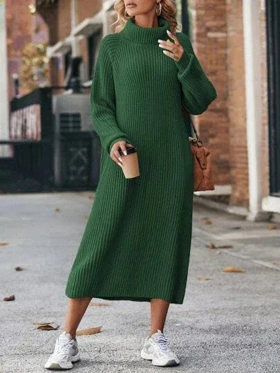 Winter Turtleneck Knitted Sweater Dress Fashion Solid Loose Pullover Long Dresses For Women Clothing - DanaFashionstore