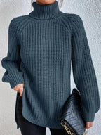 Turtleneck Pullover Sweater With Split Design Fashion Simple Solid Color Long Sleeve Tops Women's Clothing - DanaFashionstore